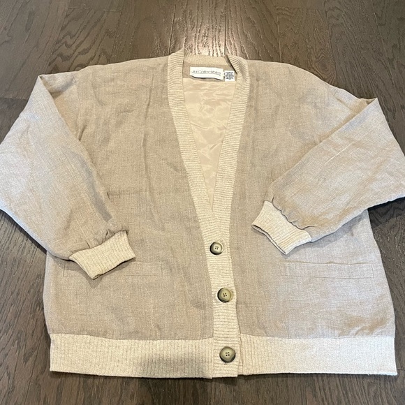 Vintage 80s 90s Beige Linen Campus Cardigan Jacket  Minimalist Earthtone Grandpa - Picture 1 of 9